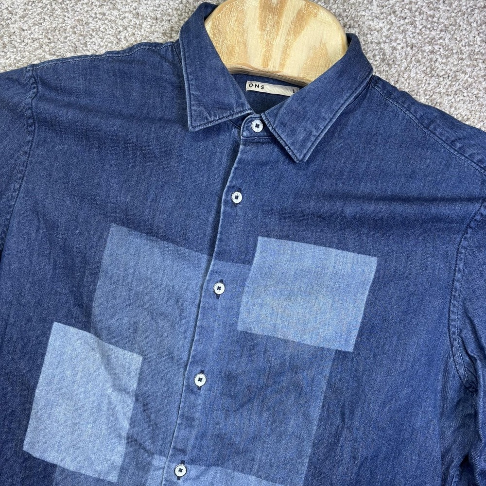 O.N.S Shirt Mens Large Blue Chambray Denim Long Sleeve Colorblock Button Up